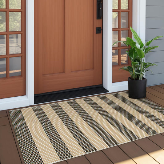 OJIA Front Door Rug 24"x51" Outdoor Doormat Washable Front Door Mat Indoor Entrance Tan Washable Porch Rug Woven Striped Outdoor Mat Entryway Rugs Small Area Rug for Kitchen Entry Bathroom