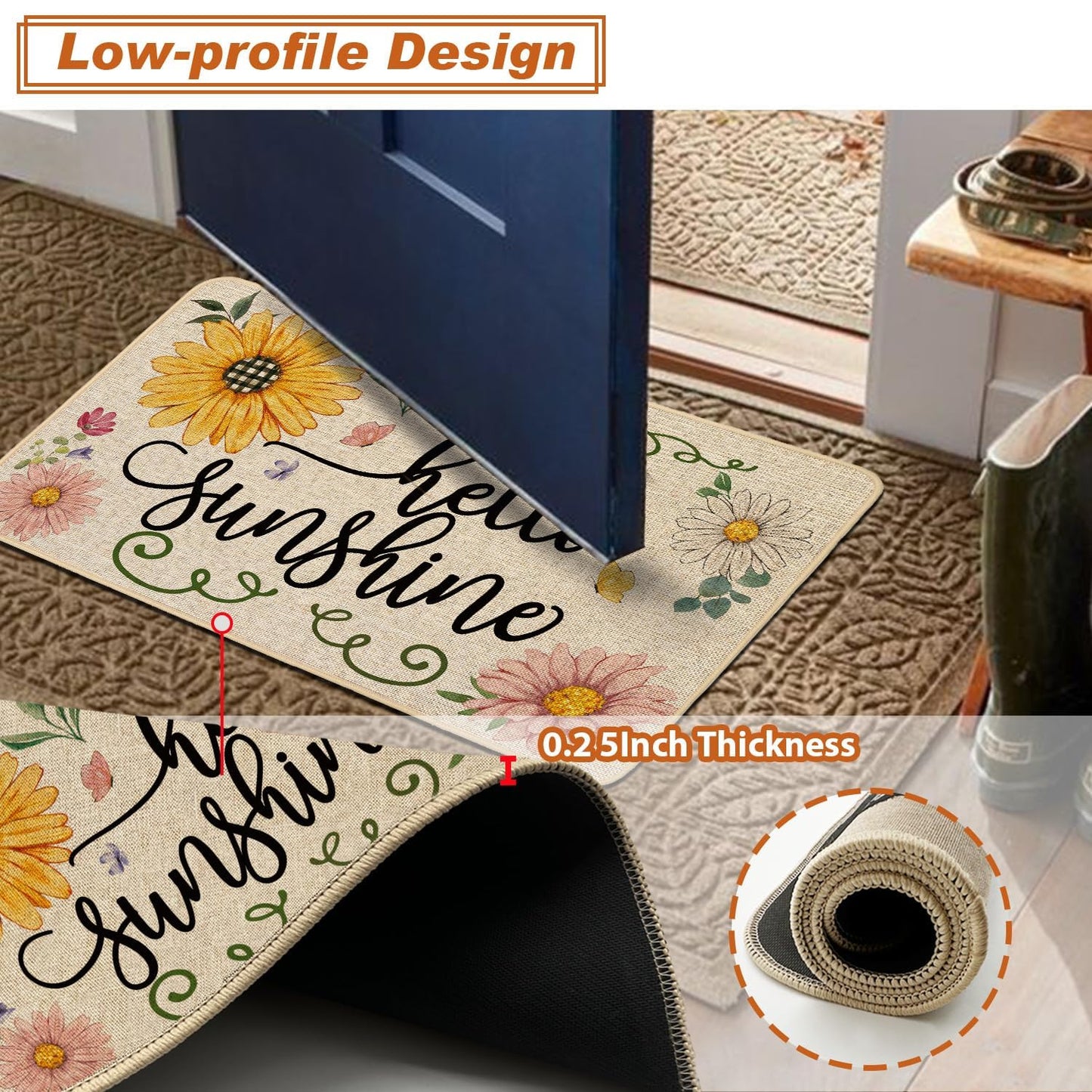 Baccessor Spring Summer Kitchen Rugs Set of 2, Sunflower Daisy Butterfly Floral Kitchen Mats for Floor Low-Profile Summer Holiday Home Decor 17x29 and 17x47 Inch