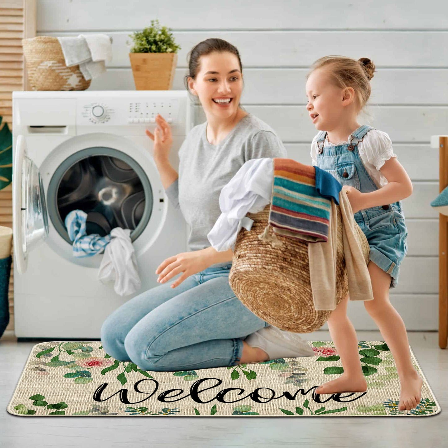 ORTIGIA Welcome Outdoor Doormat Indoor Patio Spring Eucalyptus Leaves Door Mats Non-Slip Durable Entrance Mat for Home Entrance, Outside Entry, Yard, Floor, Patio 17x36INCH