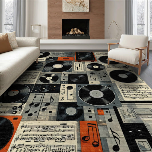 ODIKA Flatwoven High Traffic Area Rug 6x9, Eclectic Music Iconography Featuring Vintage Record Player Motifs, Non Slip, Stain Resistant, Washable Area Rugs for Living Room, Bedroom (Black, 6x9)