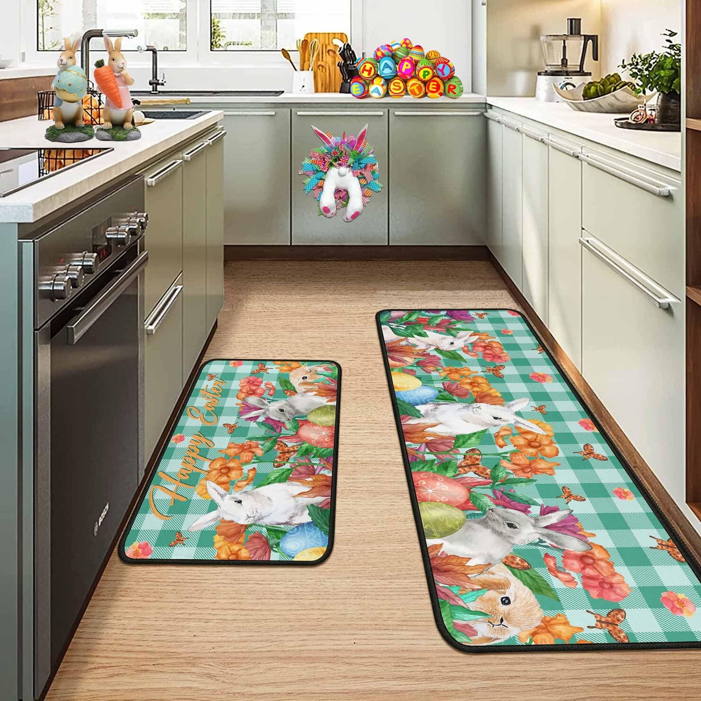 OUXIOAZ Happy Easter Flowers Eggs Bunny Rabbits Kitchen Rugs Set of 2, Spring and Summer Holiday Decorations for Home Kitchen 17"x47"+17"x30"