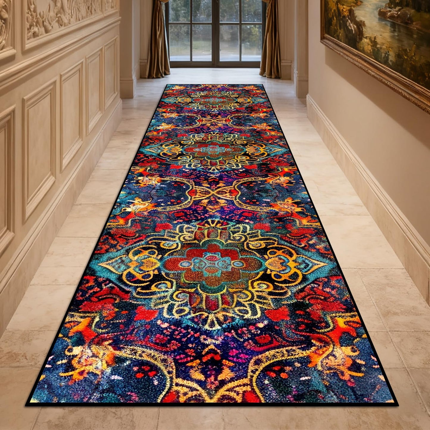 Washable Corridor Runner Rug, Non-Slip Dark Red Hallway Rug Runner with Upgrade Rubber Backing, Stain Resistant Faux Wool Distressed Carpet for Bedroom Kitchen Laundry Corridor Balcony (94.5" x 23.6")