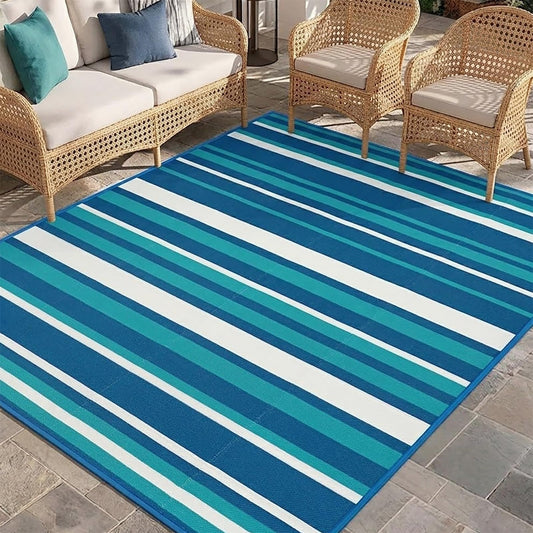 LANVIA Outdoor Patio Rug Camping Essentials - 4x6 FT Outdoor Plastic Straw Rug for Patio Clearance, Waterproof RV Essentials Outside Area Rugs for Deck Garden, Backyard Patio Furniture Set, Blue