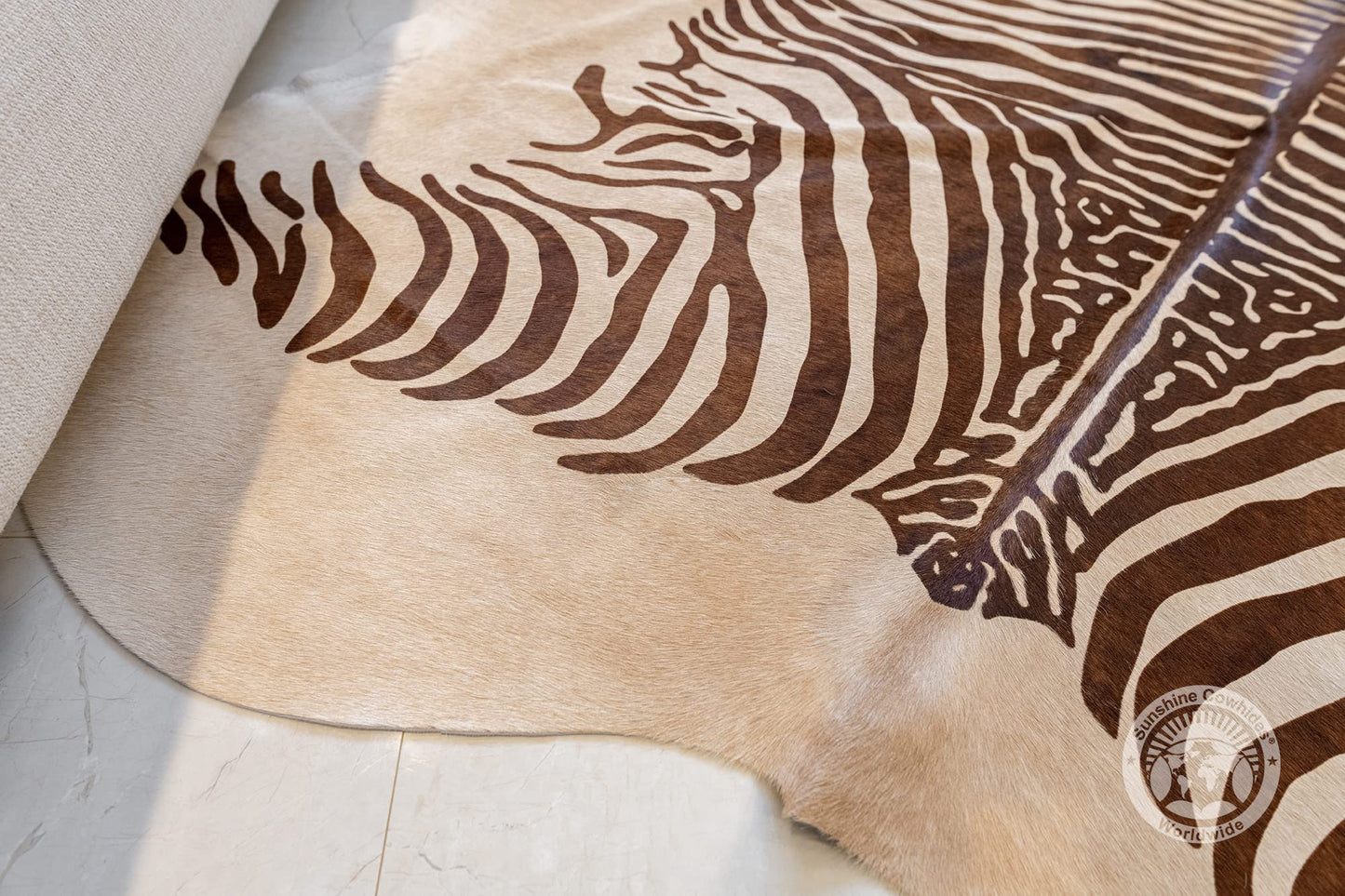 Sunshine Cowhides 100% Genuine Zebra Print Brown on Beige Cowhide Rug - Modern Style Animal Skin Rug & Floor Carpet for Living Room, Bedroom, Kitchen & More - Large (6x6-7ft)