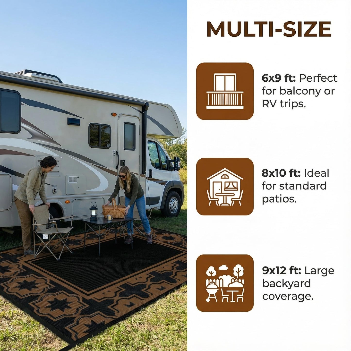 Haoyunll Outdoor Rug Geometric Black Brown 9x12 Waterproof, Extra Large Reversible Plastic Straw Outdoor Patio Rug 0.13" Thick for Backyard, Patio