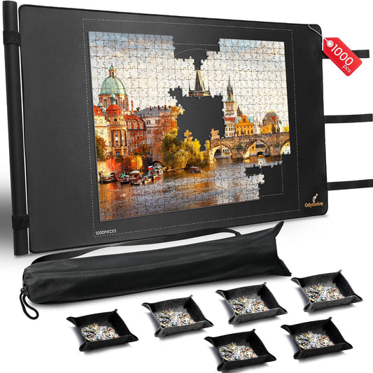 Puzzle Roll Up Mat, All-in-One Jigsaw Puzzle Mat with 6 Sorting Trays – 39.4” x 23.6” Non-Slip Rubber Back & Smooth Surface, Portable Puzzle Mat for 1000 Pieces, Puzzle Accessories Gift for Adults
