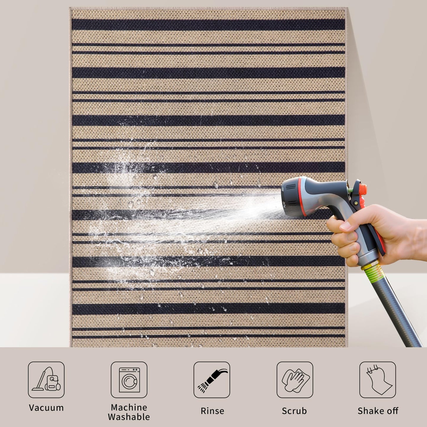 Tangsoo Stripe Easy Jute Rug 4x6 for Paito,Thin Non-Slip Indoor Outdoor Black Door Carpet,Washable Farmhouse Throw Mat for Front Porch Kitchen Bedroom Foyer