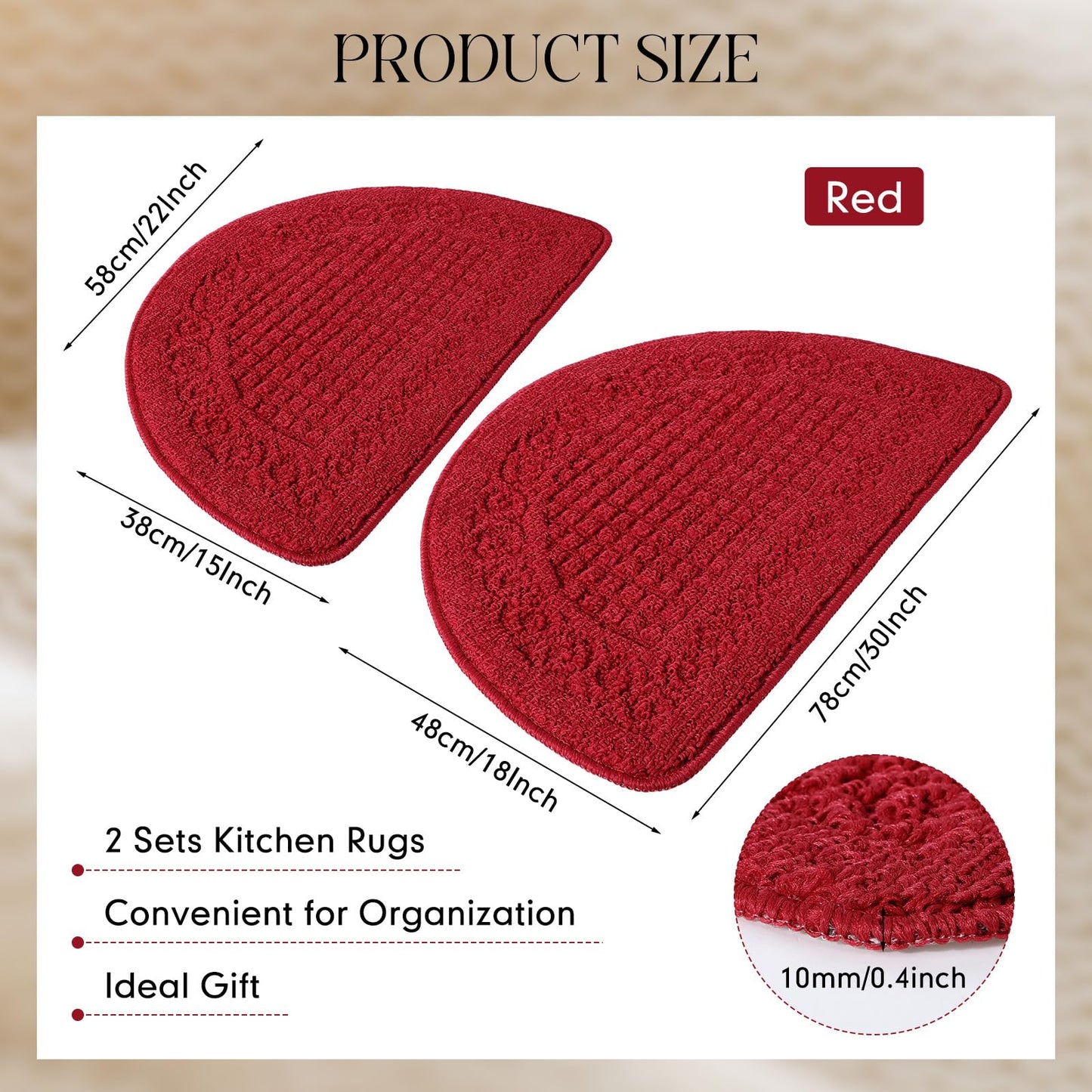 Drydiet 2 Pcs Kitchen Rugs 15 x 22 Inches 18 x 30 Inches Kitchen Mats Non Skid Washable Doormat Indoor Entrance Absorbent Standing Half Circle Carpet for Home Floor Patio Garage Door(Red)