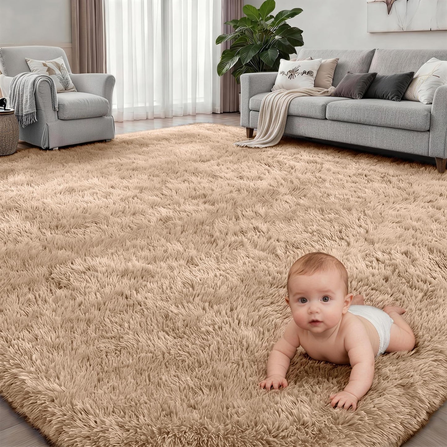 8x10 Area Rugs for Living Room Bedroom: Ultra Soft Fluffy Shag Rug Upgrade Non-Slip Non-Shedding Large Fuzzy Plush Carpet Indoor Floor Carpets for Kids Room Playroom Nursery Dorms Home Decor Beige