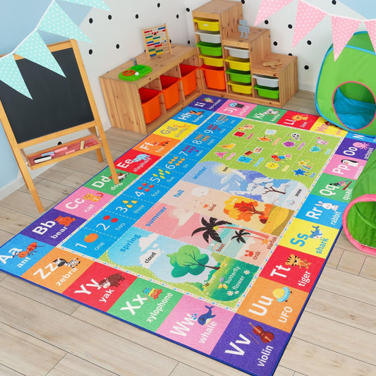 Macgace ABC Kids Rug for Playroom, 4x6 Washable Classroom Area Rugs, Toddler Educational Play Mat with Alphabet Numbers Seasons Shapes, Learning Fun for Preschool Children, Colorful