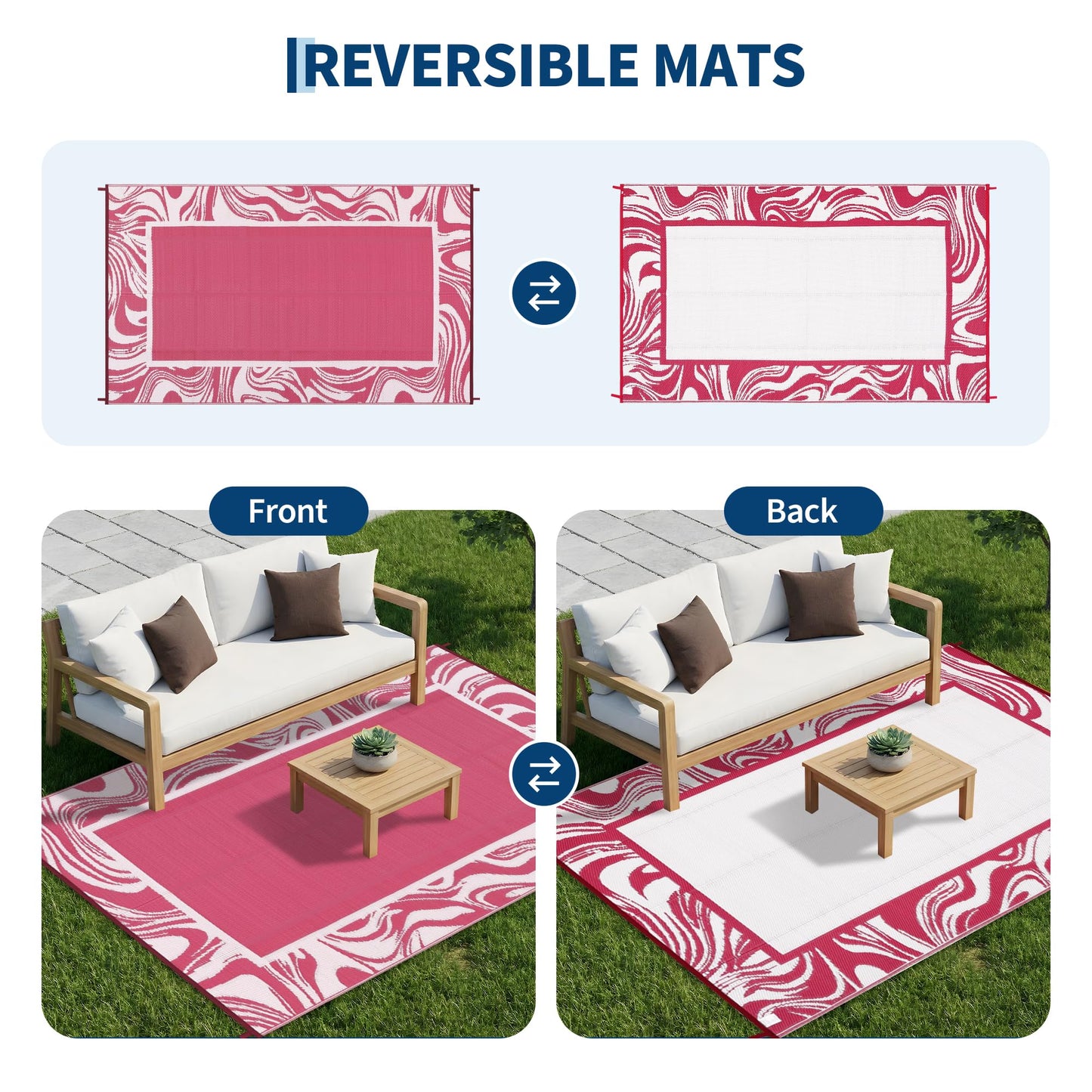 Garvee 5x8 Pink Waterproof Outdoor Rug Reversible Quick Dry Weather Resistant Plastic Straw Patio Rug for Deck,Porch,RV,Camping,Balcony,Beach, Foldable Outdoor Carpet Easy to Clean, Pink White