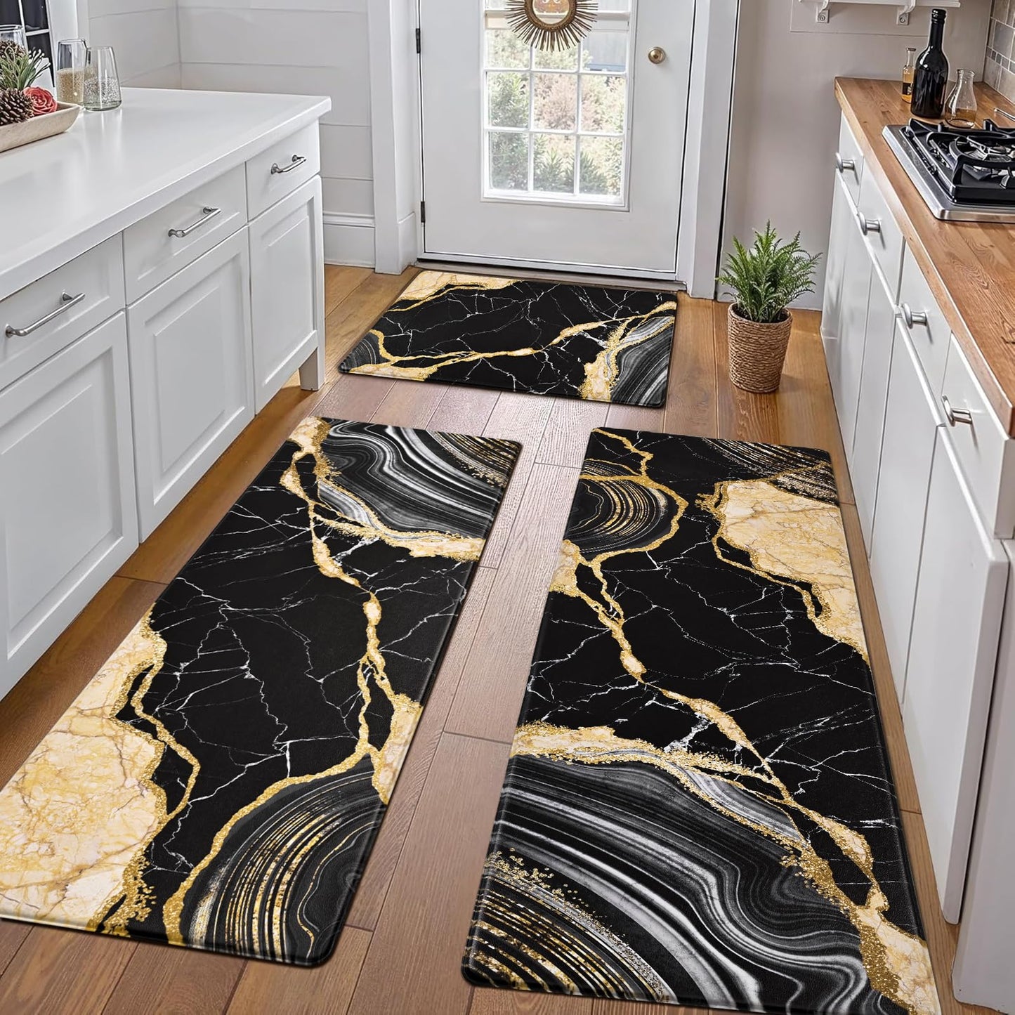 ASPMIZ 3 Piece Marble Kitchen Runner Rugs Set, Anti Fatigue Cushioned Kitchen Floor Mats, Black Gold Marble Kitchen Rugs Non Slip, PVC Waterproof Kitchen Mats 18'' x 30'' + 18'' x 48'' + 18'' x 60''