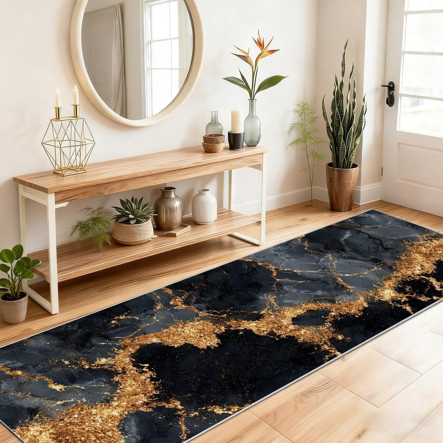 Marble Runner Rug, Black and Gold Runner Rug, 2x8ft Marble Runners for Hallways Non Slip, Soft Washable Floor Runners for Entryway Kitchen Indoor Hallway Rugs Low Profile #K255