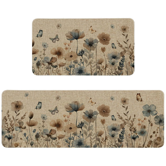 Ideasonna Vintage Spring Spring Floral Kitchen Mats for Floor 2 Piece, Farmhouse Country Retro Flower Summer Spring Kitchen Rugs Sets of 2 Indoor Home Decor Door Mat Outdoor