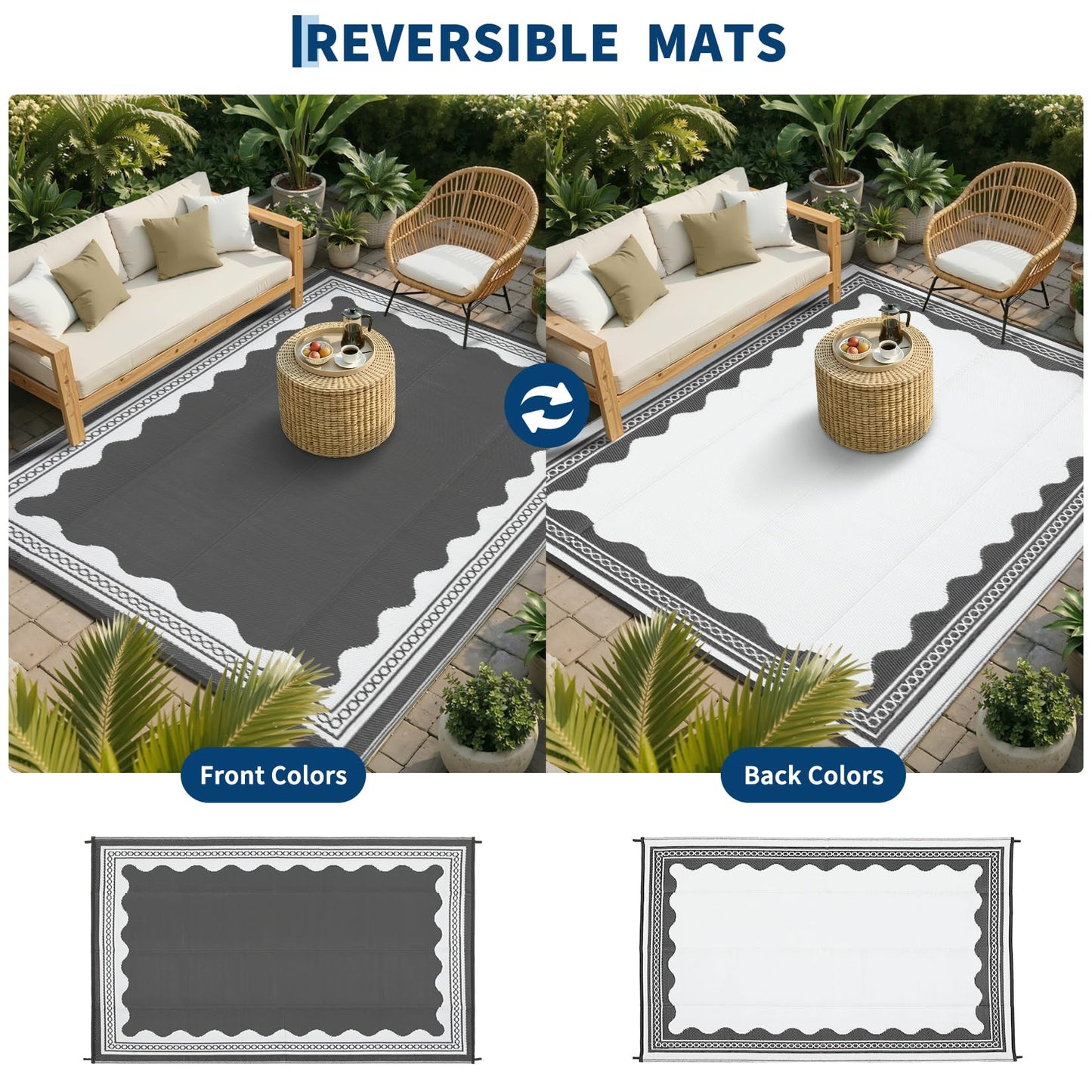 Garvee Outdoor Rug 5x8 Scalloped Waterproof Patio RV Outdoor Rugs Reversible Foldable Plastic Straw Rug Modern Camping Carpet for Deck Camper Porch Balcony Backyard Picnic Beach Grey