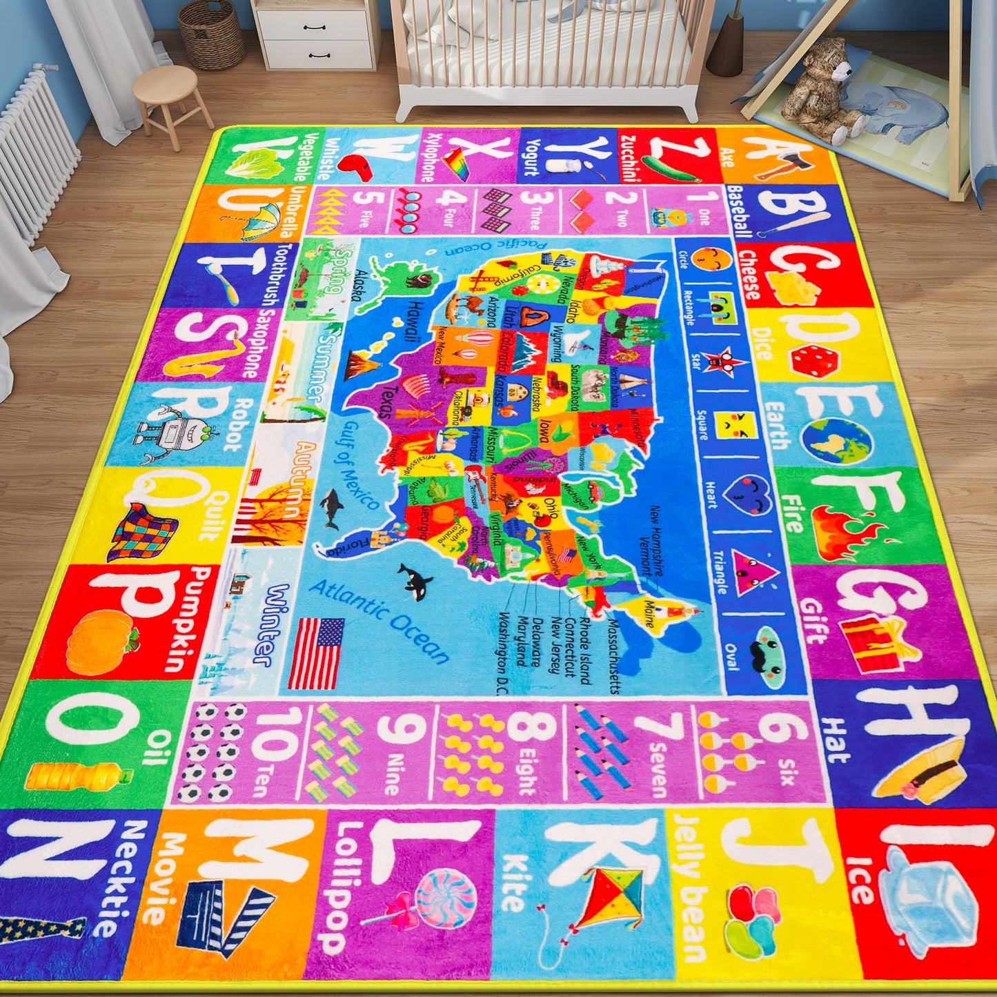 LTKOUGFAM USA Map ABC Kid Rug for Playroom 59"×39.4" Geography Classroom Play Rug Educational Kids Playmat Alphabet Mat State Symbols, ABC Letters, Numbers, Seasons&Shapes Non-Slip Preschool Playmat