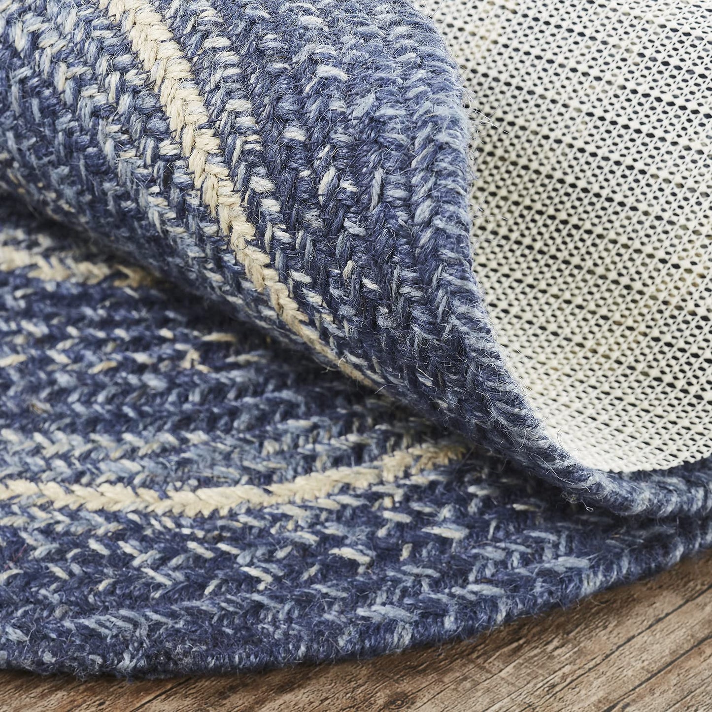 VHC Brands Great Falls Blue Rug with PVC Pad, Jute Blend, Oval, Blue White, 20x30 inches