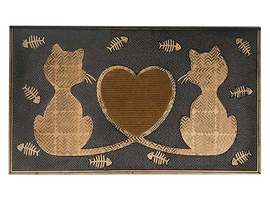 A1HC Rubber Welcome Doormat for Outdoor Indoor Entrance, Non-Slip Backing Front Door Mat for High Traffic Area Use, Fun Designed Entrymat, 18"x30" Twin Cats Heart Copper
