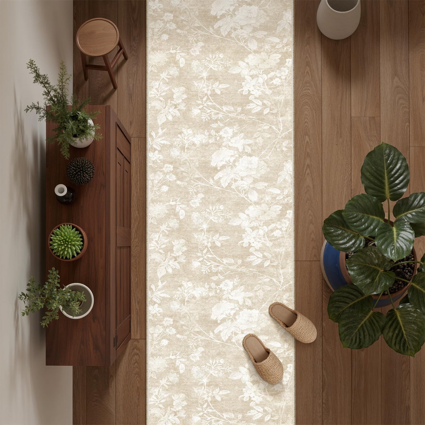 Soalmost Washable Runner Rug 2x8 – Hallway Oriental Floral Runner Rug with Non-Slip Soft Low Pile Neutral Thin Carpet Runner for Kitchen, Bathroom, Laundry Room, Bedroom, Entryway (2'x8',Beige)