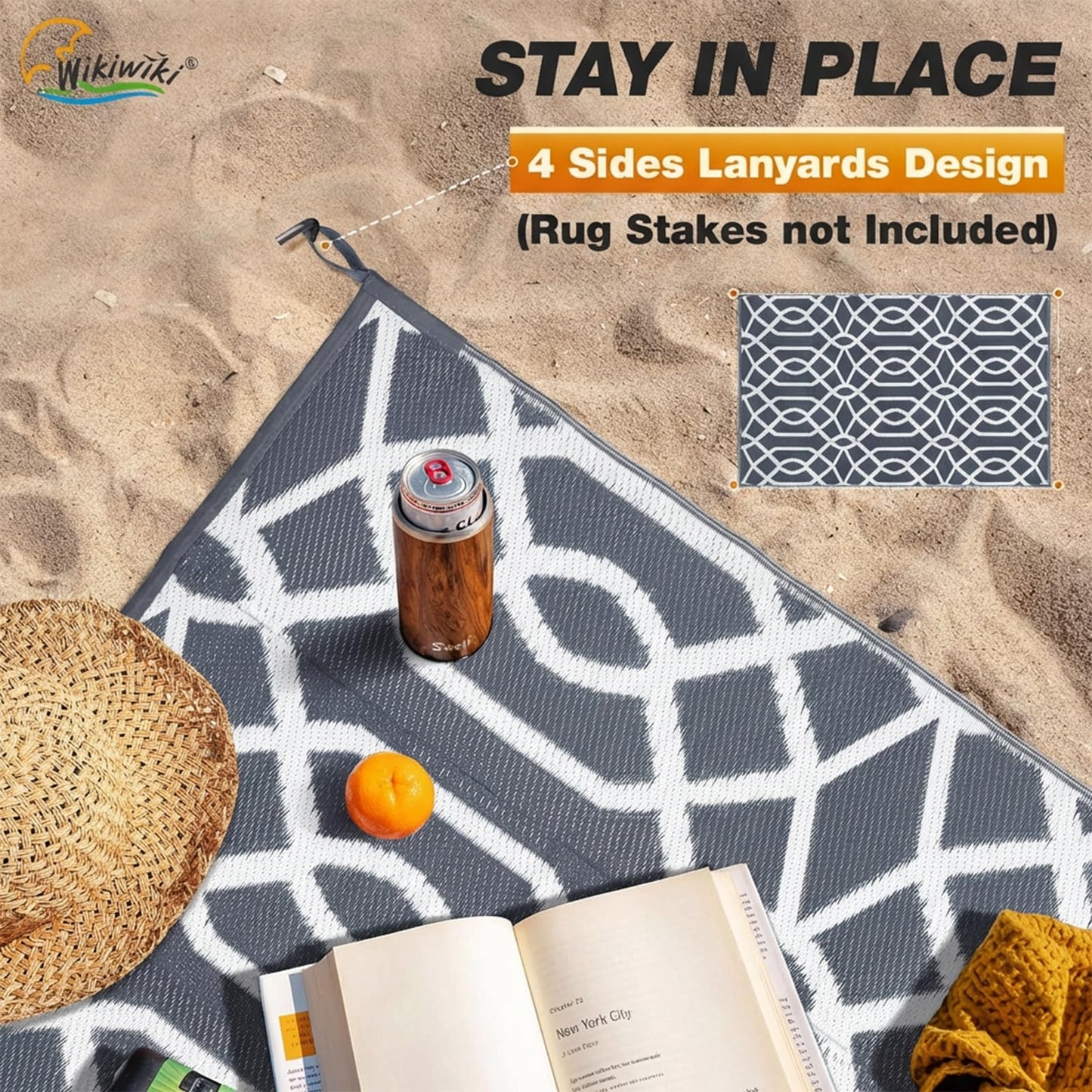 wikiwiki Outdoor Rug, 5x8ft Waterproof Reversible Mat Indoor Outdoor Rugs Carpet, Small Area Rug Plastic Straw Rug for Patio Deck Balcony Pool RV Camping Beach Picnic, Grey, Rugscape Series