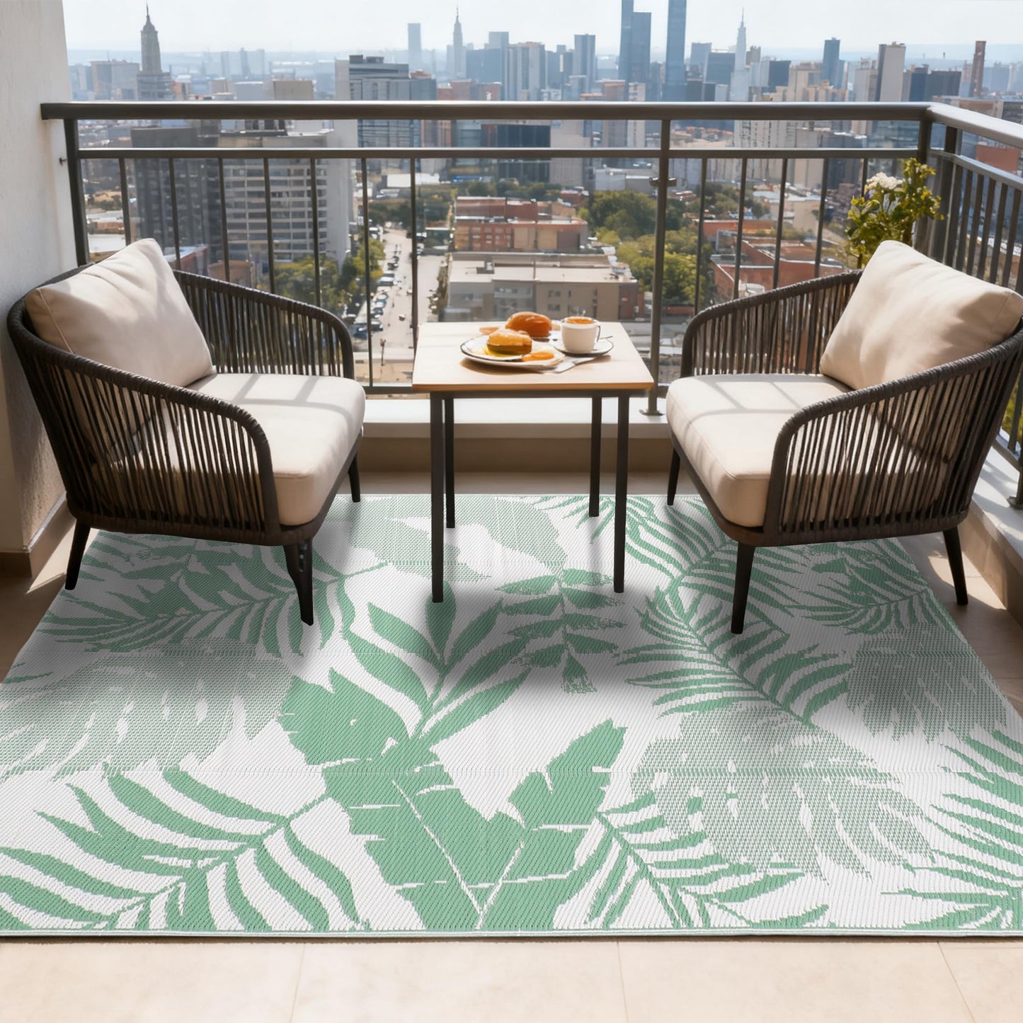 olofable ‌Reversible Waterproof Outdoor Rug – Lightweight UV-Resistant Rug for Patio, Camping & Beach (Green Fern Leaves, 5' x 8' (Rectangular))