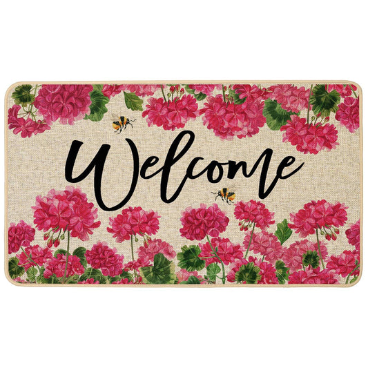 Baccessor Spring Summer Geranium Doormat Outdoor 17x29 Inch, Pink Flroal Flower Front Welcome Doormat Door Mat Non-Slip Rubber Backing Entrance Seasonal Outside Indoor Decoration