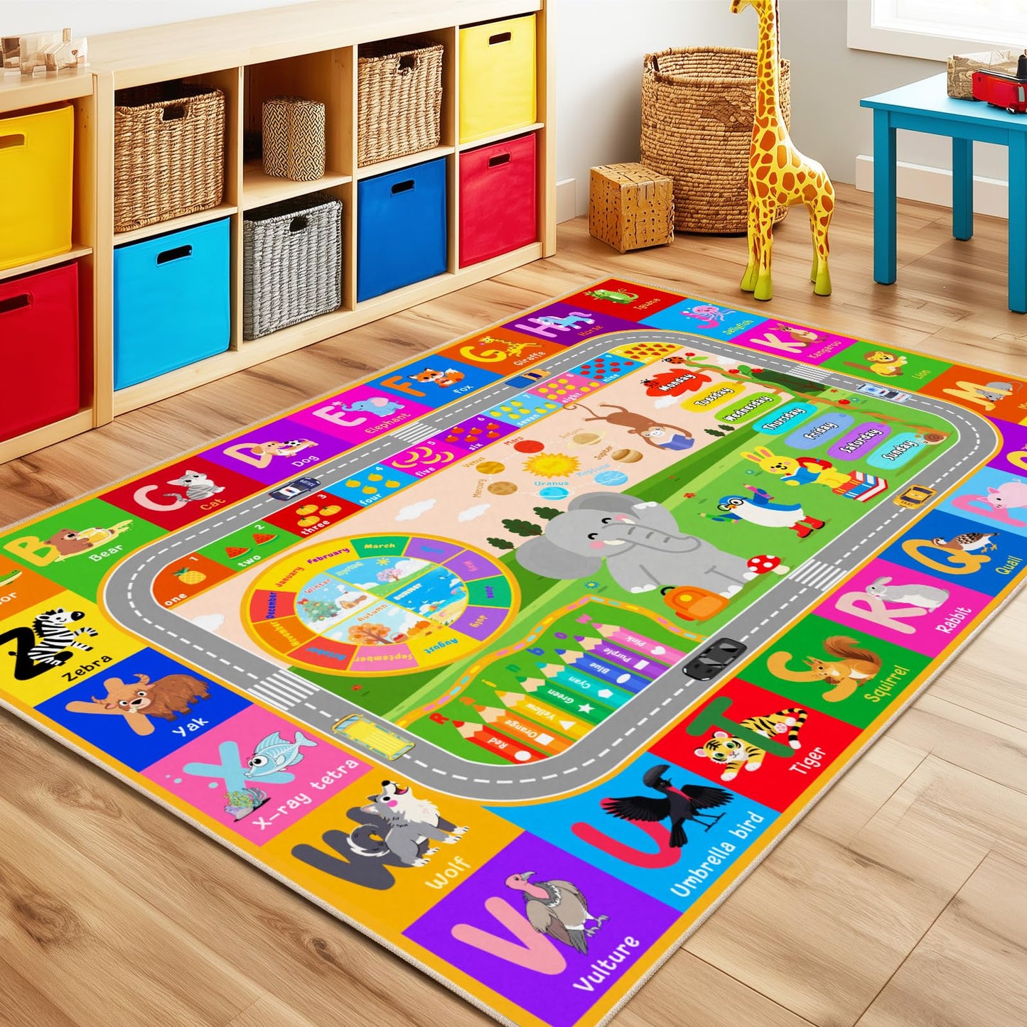 Pionblank Kids Rug for Bedroom Playroom Classroom Kindergarten, 3x4 Educational Area Rugs with ABC Alphabet Numbers Color Season Month for Toddler Nursery Girls Boys
