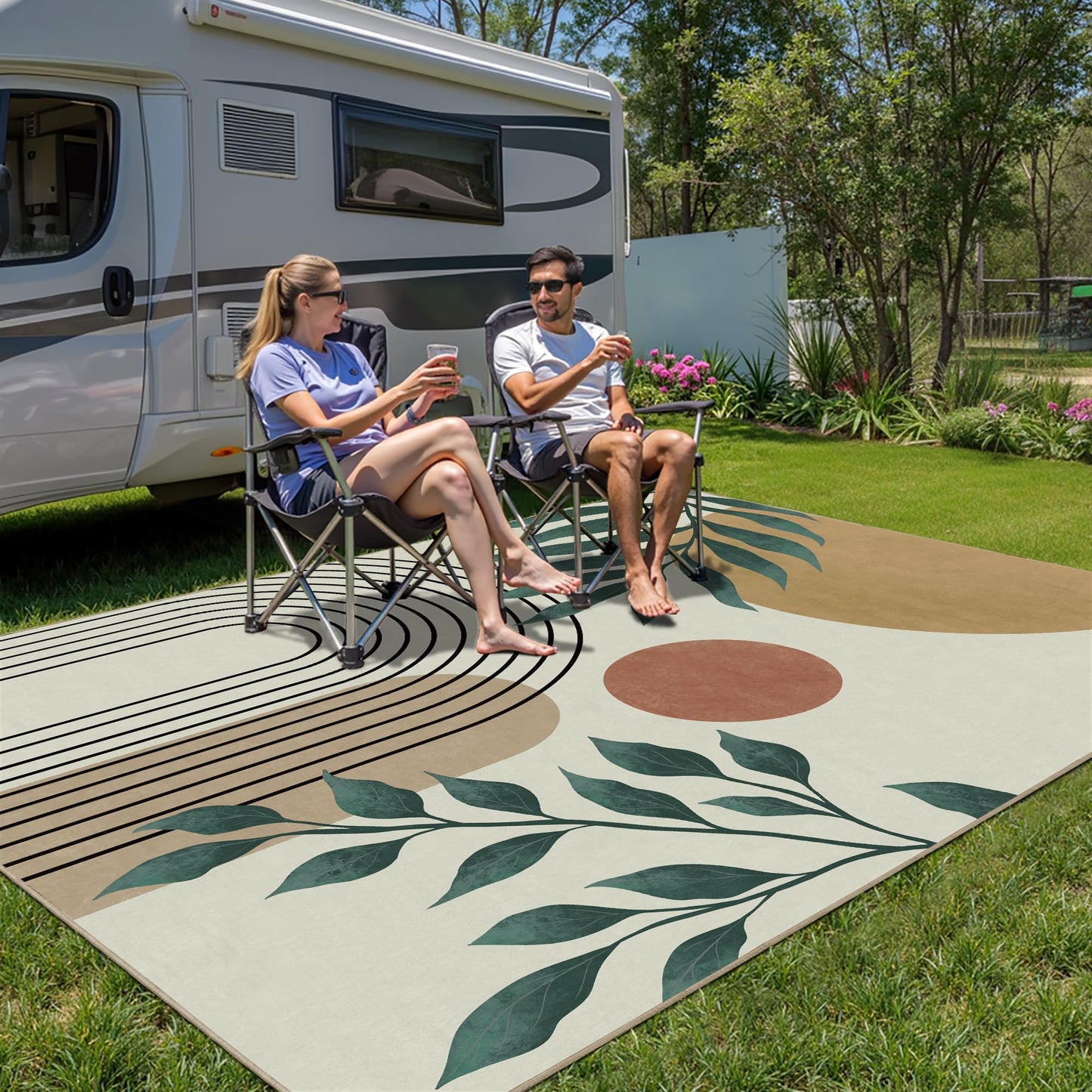 Indoor Outdoor Area Rug, Mid Century Sun Outdoor Patio Rug,Washable Abstract Art Leaves Eucalyptus Runway Rugs Non-Slip Carpet for Camping, Bedroom, Deck(5x8)