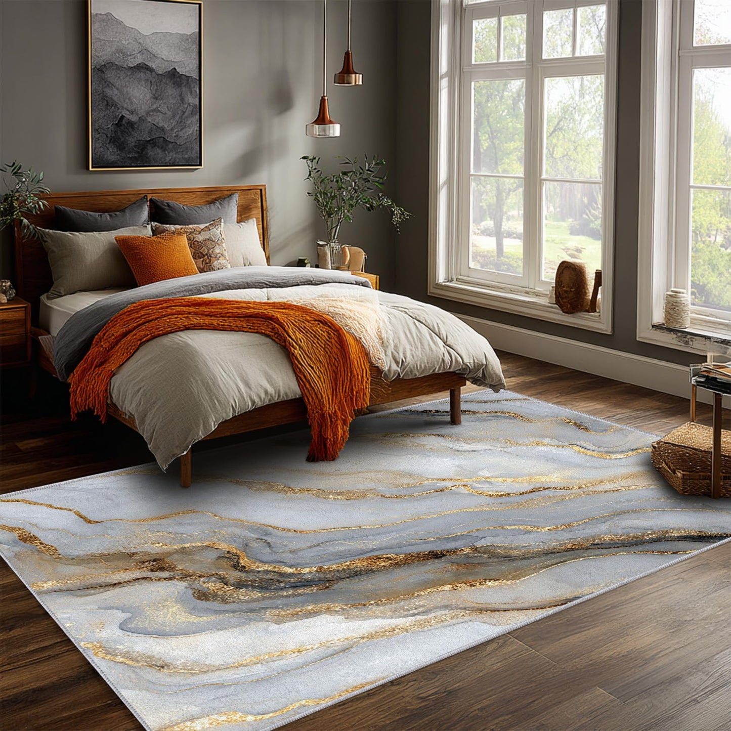 Marble Rug 3x5, Grey Gold Area Rugs for Living Room Bedroom Kitchen, Marble Home Decor Carpet, Washable, Non Slip, Soft, Low Pile