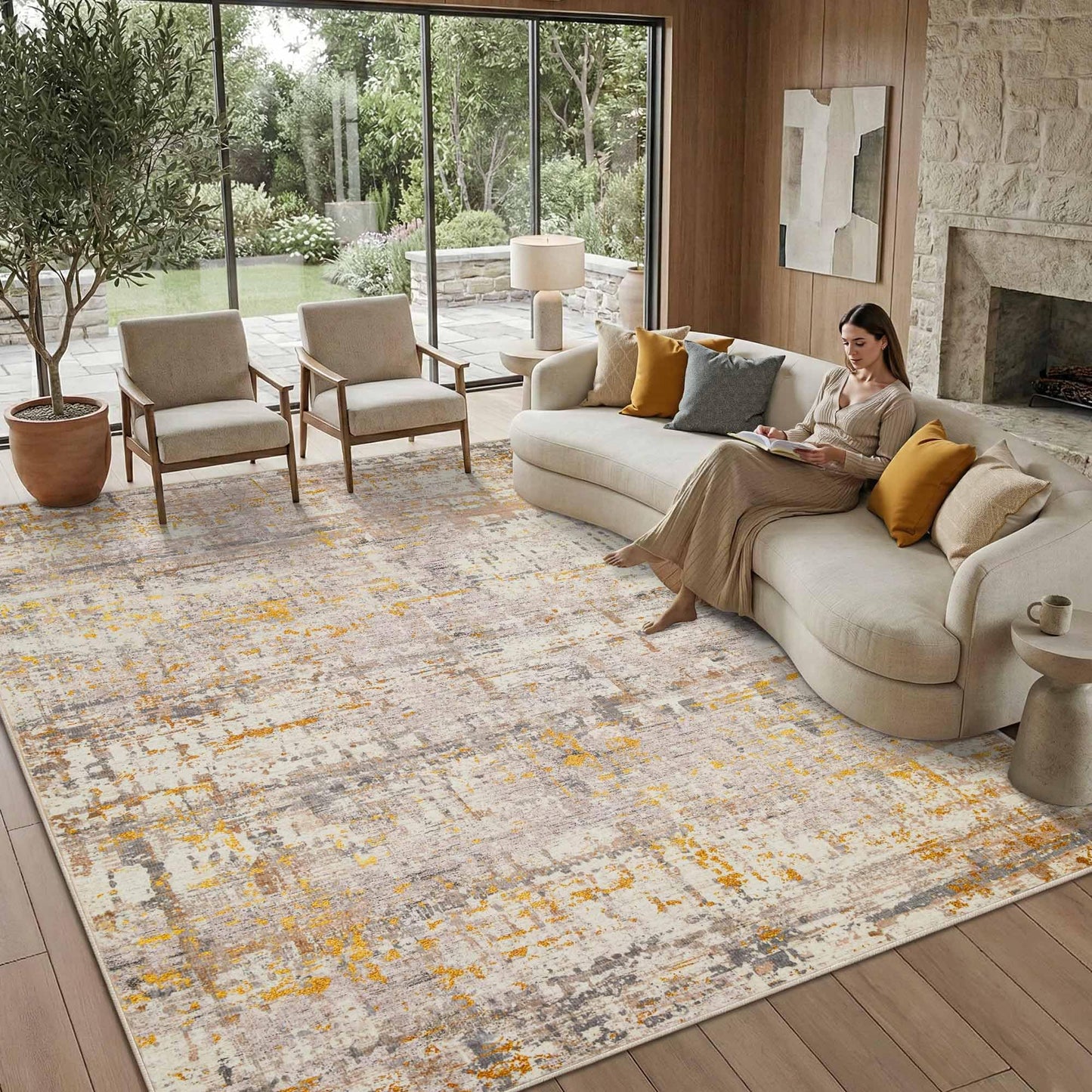Rugxara Area Rugs 8x10,Large Soft Rugs for Living Room, Washable, Modern Neutral Abstract Rugs for Bedroom Dining Room, Non-Slip Foldable Thin Indoor Carpet Stain Resistant(Beige Gold)