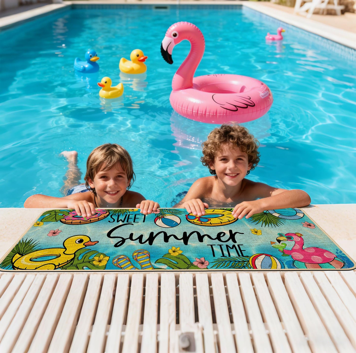 Baccessor Summer Pool Kitchen Rugs Set of 2, Poolside Tropical Flamingo Kitchen Mats Non-Slip Low Profile Seasonal for Floor Hallway Laundry Sink Patio Porch Home Decor 17x29 and 17x47 Inch