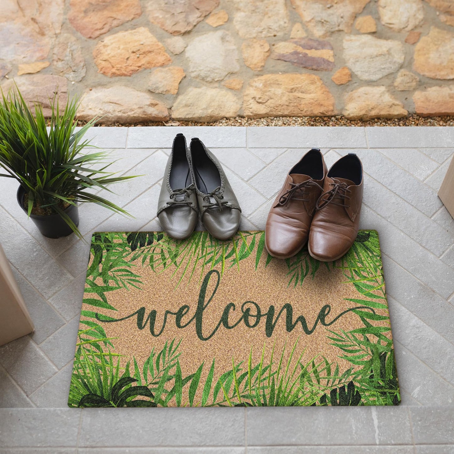 BitKAM Tropical Green Botanical Coco Coir Doormat Door Welcome Mat for Home Entrance Front Door, Summer Fern Monstera Leaf Welcome Floor Mats for Outdoor Outside Entryway 30x17 Inch