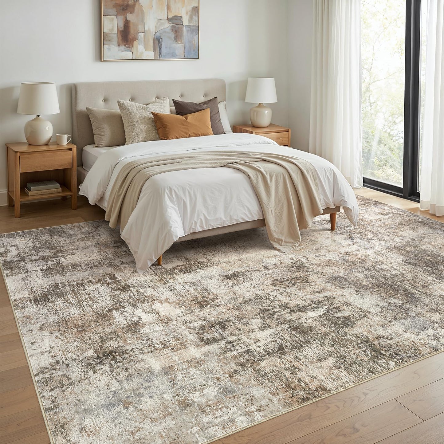 WITSHOCK Area Rugs 10x14 Living Room Rug - Washable Neutral Soft Low Pile Non-Slip Modern Abstract Thin Large Indoor Carpet for Bedroom Dining Room Nursery Office - Dark Brown