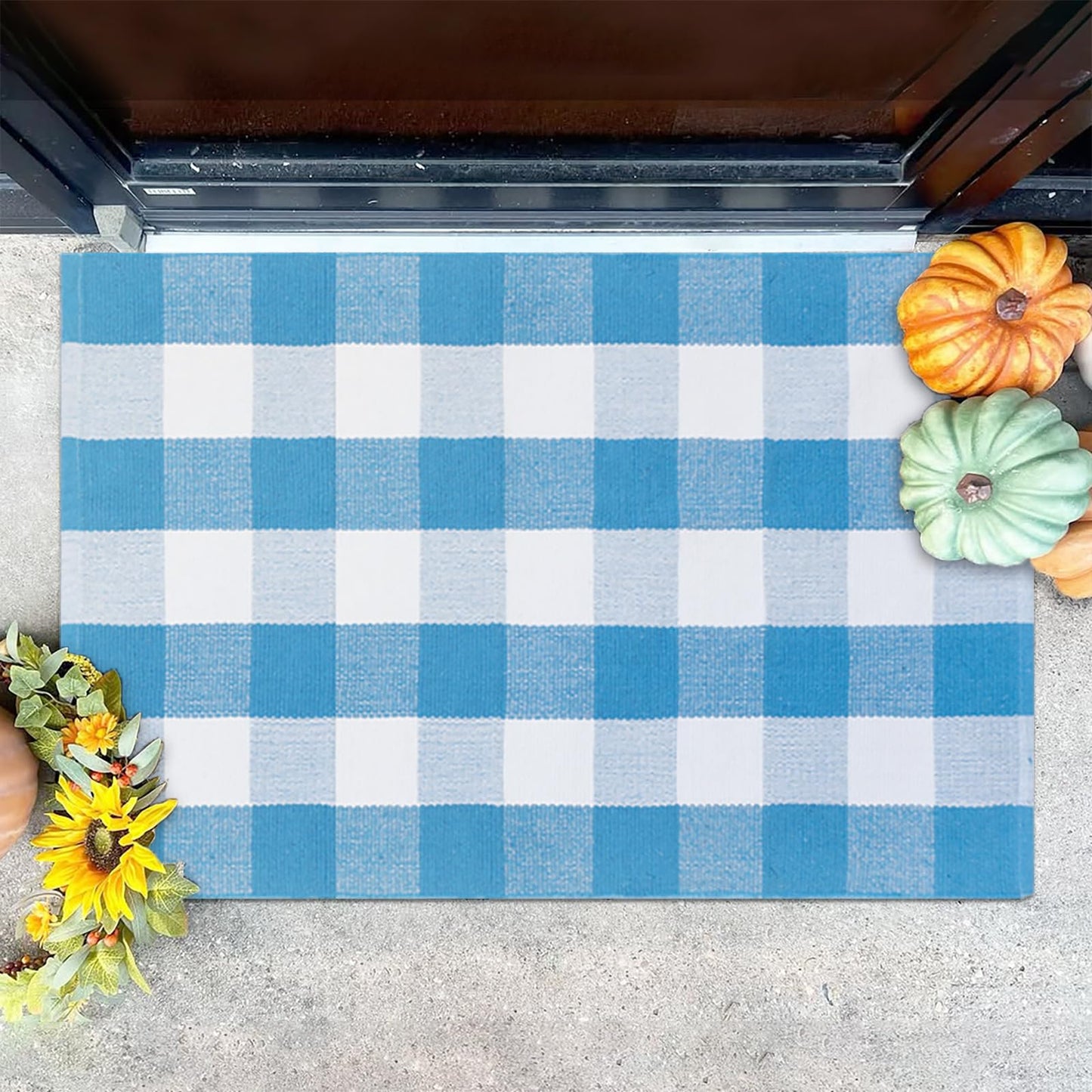 Fallovea Spring Rugs Blue and White Plaid, 28” x 43” Area Rug Outdoor Indoor Summer Front Porch Doormat Cotton Hand-Woven Layered Door Mats for Entryway Patio Entryway Laundry Bedroom