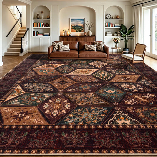 qulint Brown Vintage Area Rug 8x10, Washable Distressed Patchwork Rug for Living Room Bedroom, Elegant Floral Carpet with Non Slip Low Pile Design for Apartment Dining Room