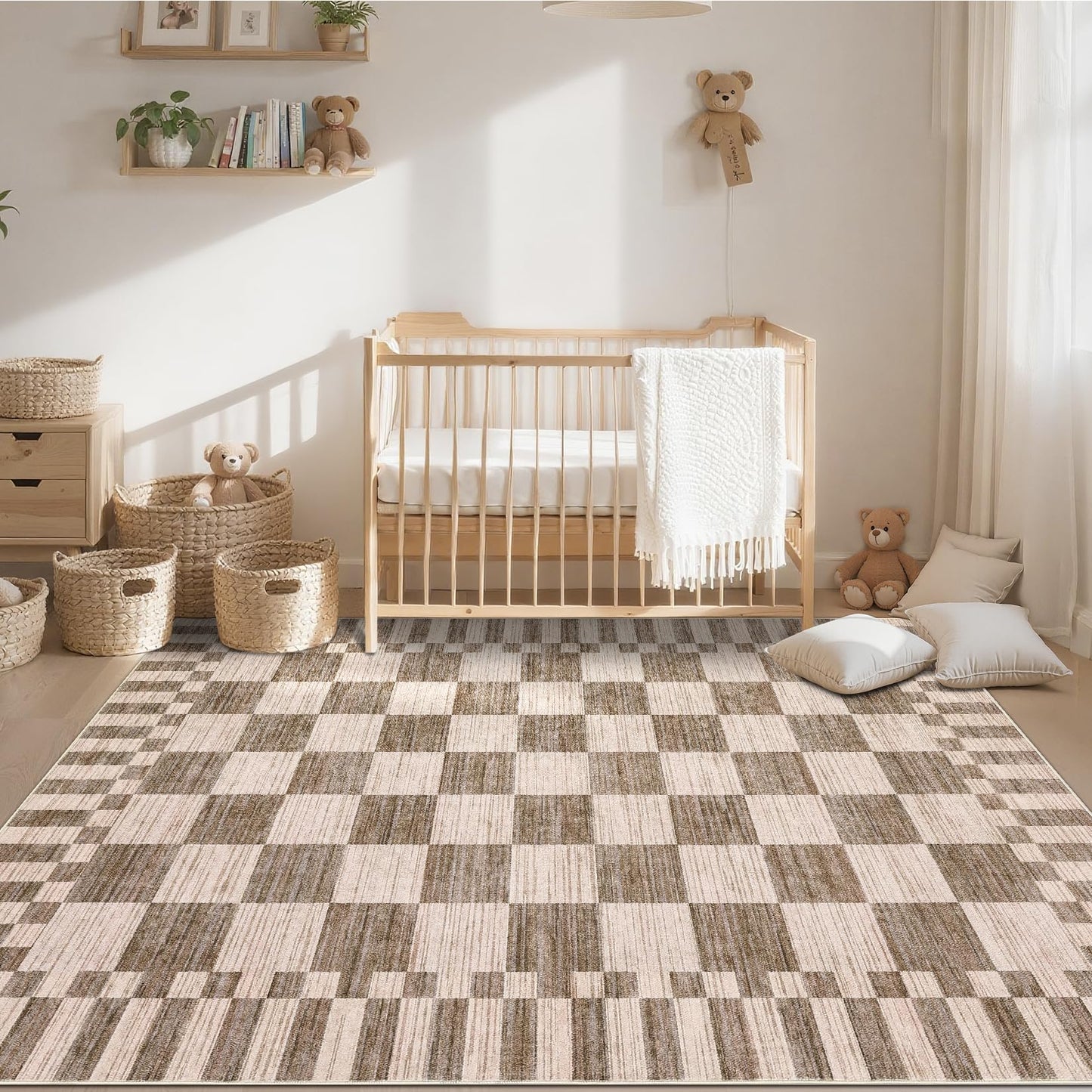 GarveeHome 8×10 Area Rugs for Living Room,Modern Brown Checkered Rug,Geometric Tan Brown Print Non-Slip Washable Farmhouse Checkerboard Rugs for Bedroom Dining Room Office