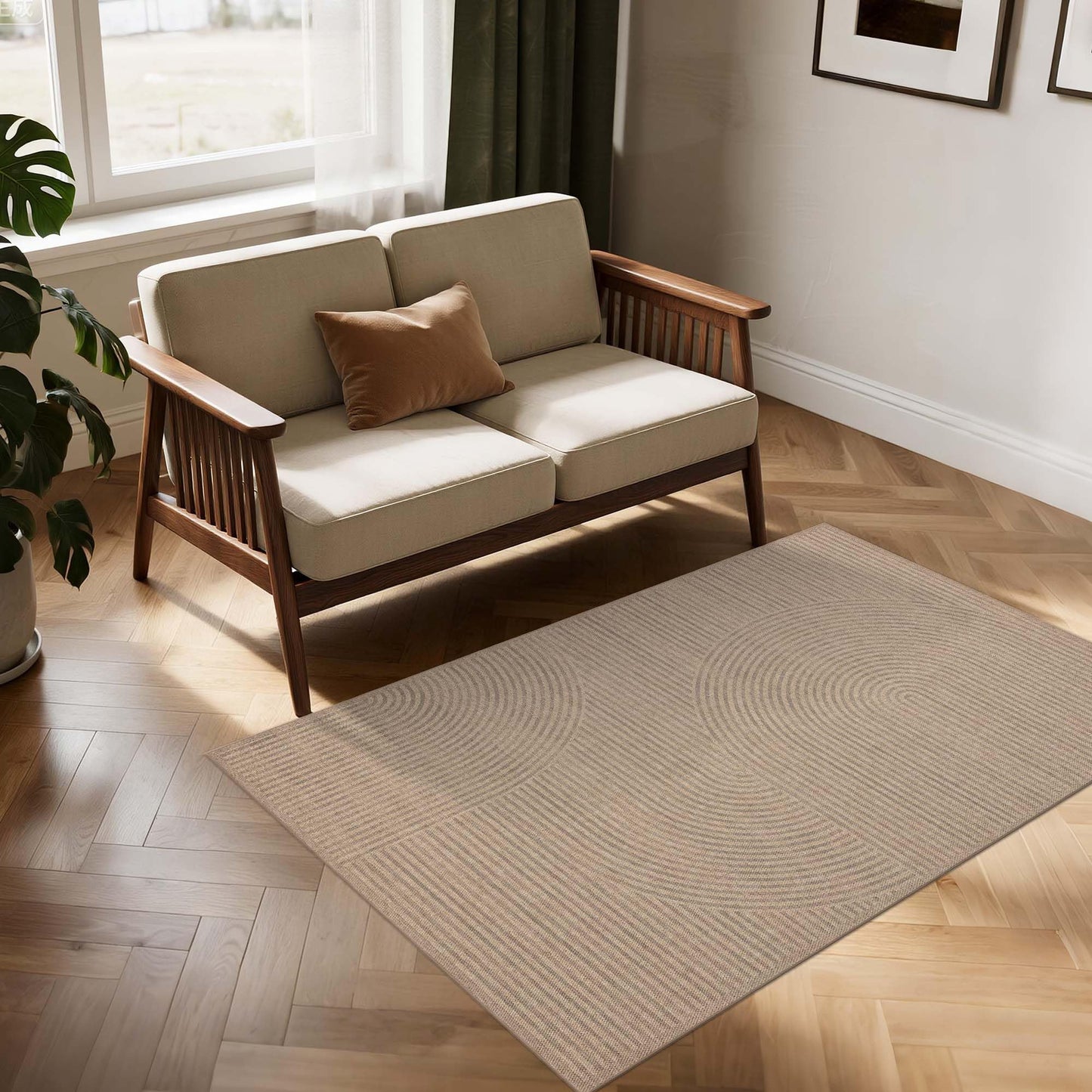 Easy Jute Rug 3x5 Outdoor: Natural Area Rugs for Patio Linen-Look Fabric Durable - Neutral Washable Carpet Mat for Entryway Bedroom Kitchen Non-Slip - Swirl Curved Pattern