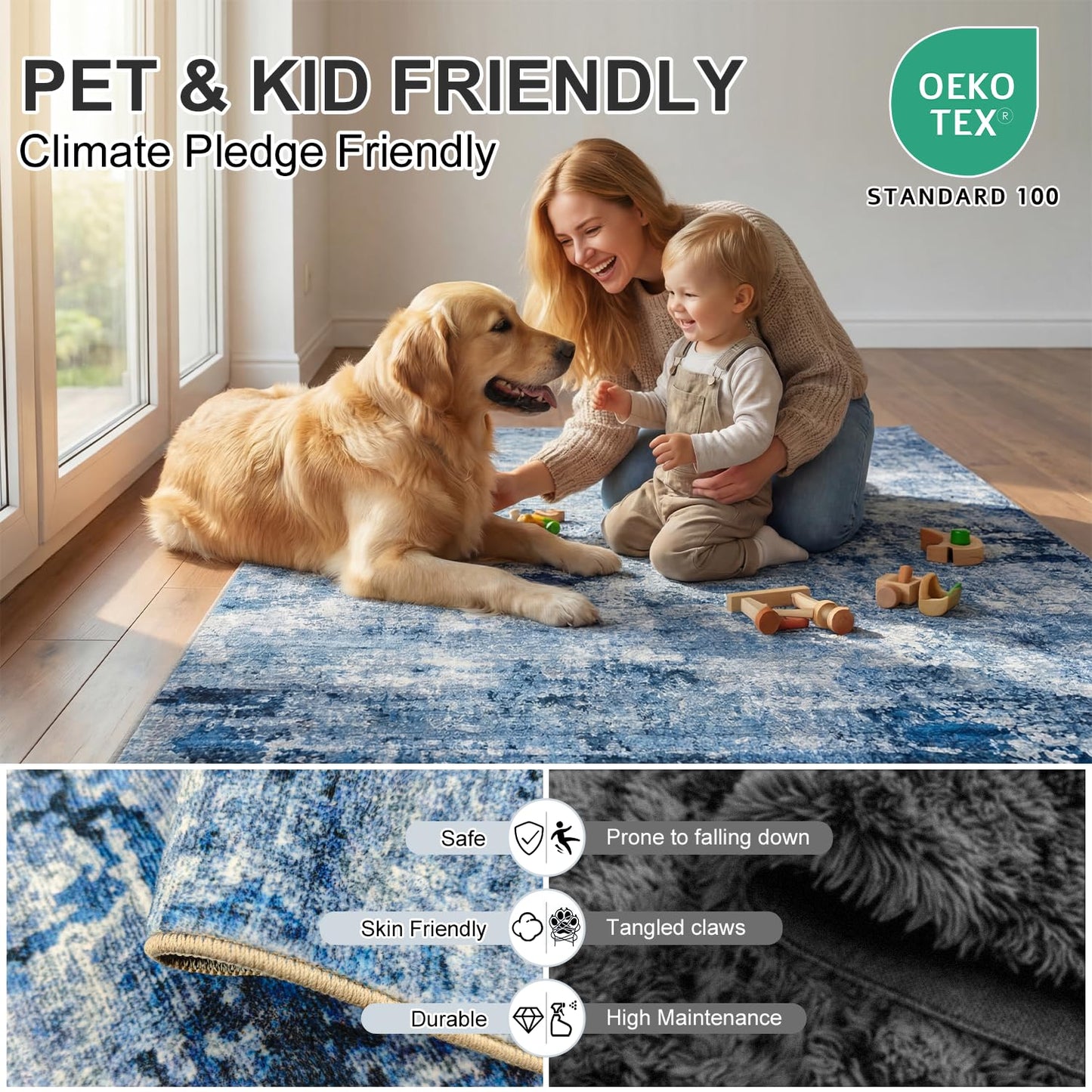 Cnythlis Washable Area Rugs for Living Room, Water Resistant 0.26 Inch Low Pile Carpet with Silicone Backing Modern Urban Luxury, Stain-Resistant & Pet-Friendly, 6'x9', Blue