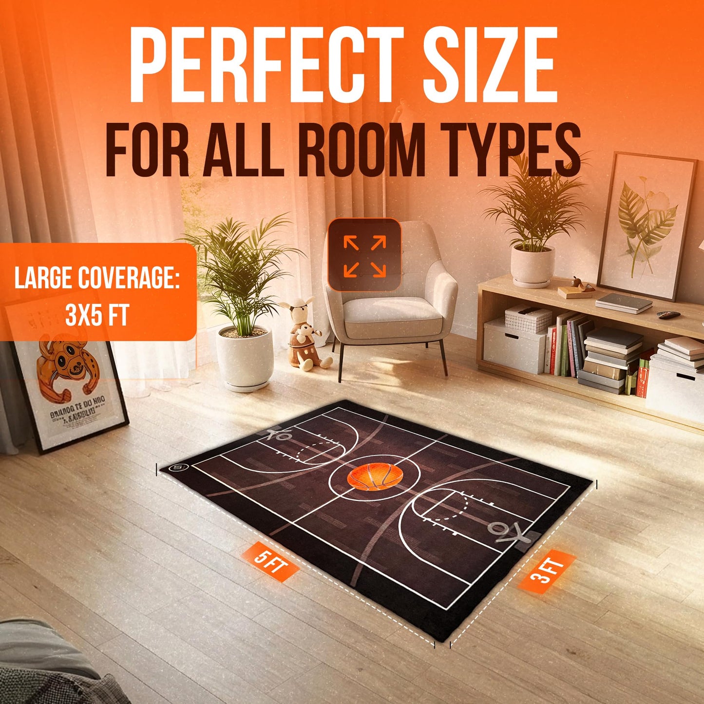 Aurox Studio Basketball Rug - Sports Rugs for Boys Bedroom, 3' x 5' Area Rug with TPR Backing, Indoor Basketball Carpet for Kids Room, Non-Slip Court Design, Great Boys Room or Game Room Decor