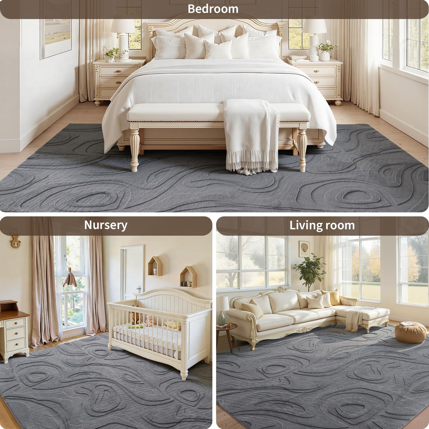 UKISS Washable Rugs 8'x10' Area Rugs for Living Room ，Ultra Soft Faux Rabbit Fur Embossed Rug for Bedroom, Non Slip&Non-Shedding Low Pile Large Carpets for Home Decor Gray