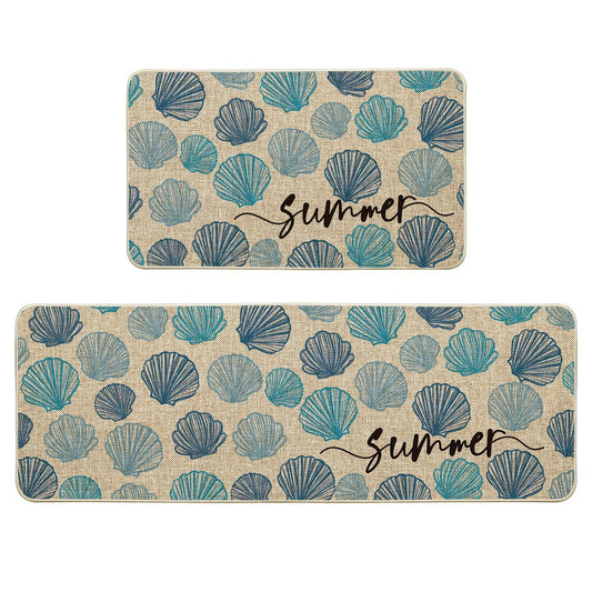 Artoid Mode Blue Shell Conch Summer Kitchen Mats Set of 2, Seasonal Sweet Home Decor Low-Profile Kitchen Rugs for Floor - 17x29 and 17x47 Inch