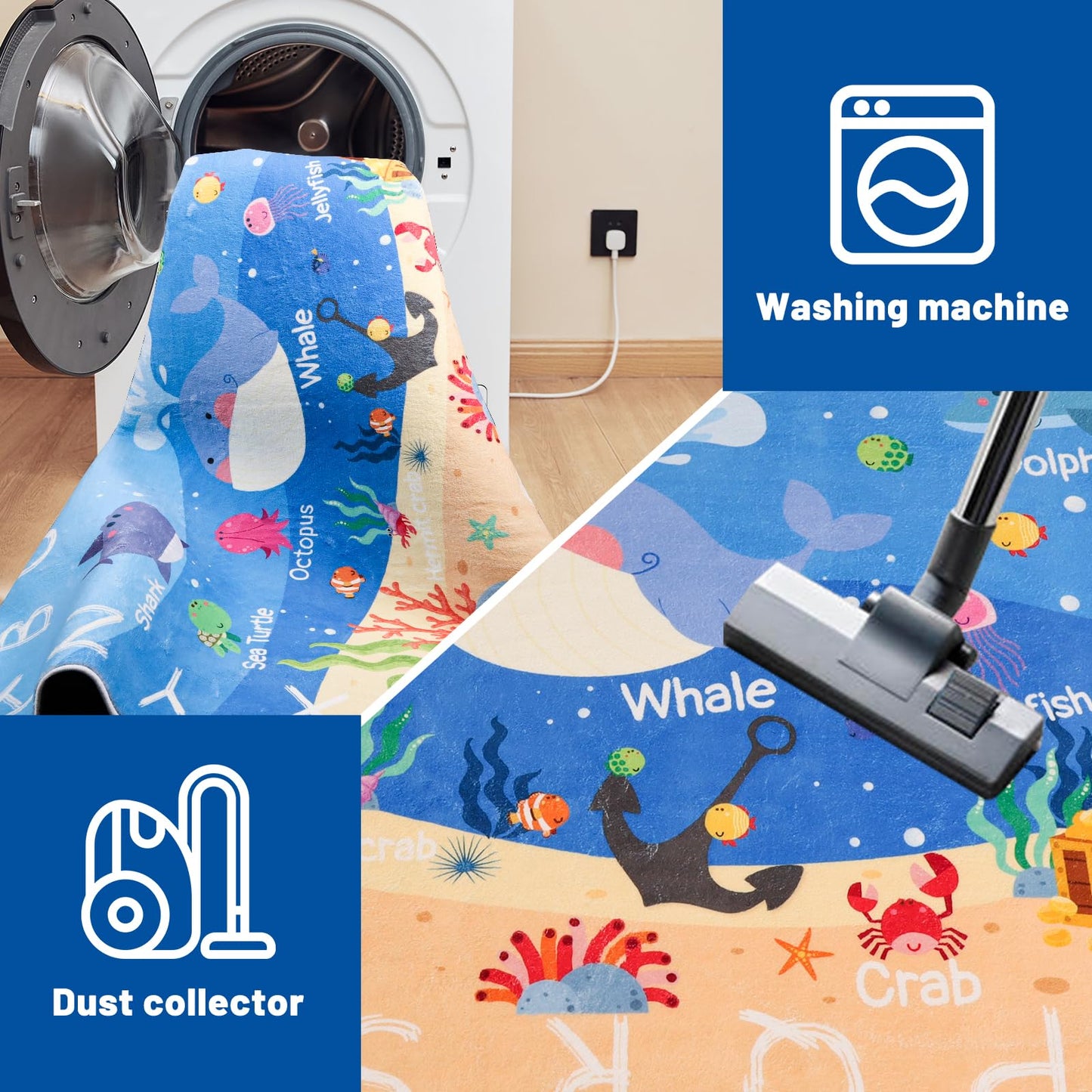 AKASISRUG Kids Rugs for Playroom,3'3" x 4'11" ABC Alphabet Whale Kids Rug,Non-Slip Ocean Kid Rug Play Mat,Washable Educational Classroom Rug Kids Area Carpet for Kids Room Playroom(for Age 2+)