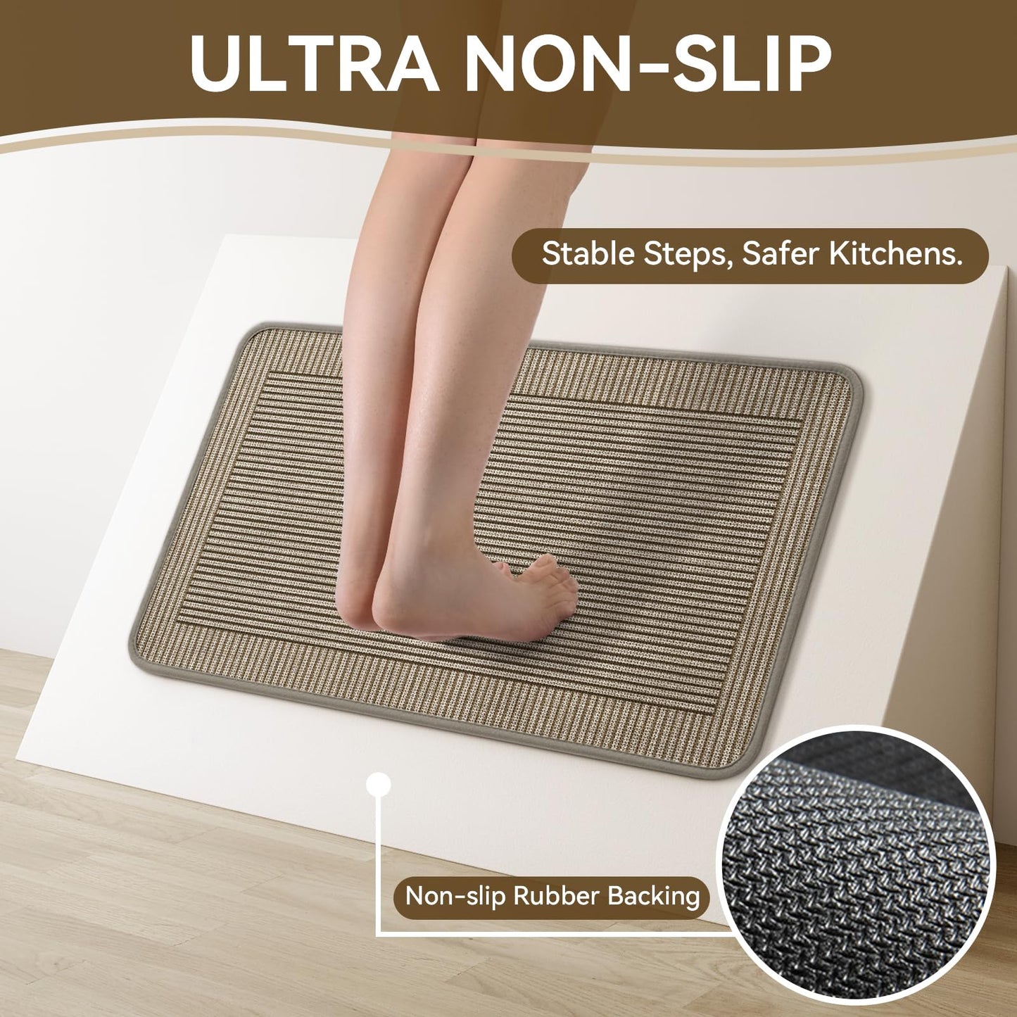 QiCaiJia Kitchen Mats for Floor, 17''x30'' Washable Non Slip Absorbent Kitchen Mat, Braided Kitchen Runner Rug, Kitchen Sink Rug, Brown