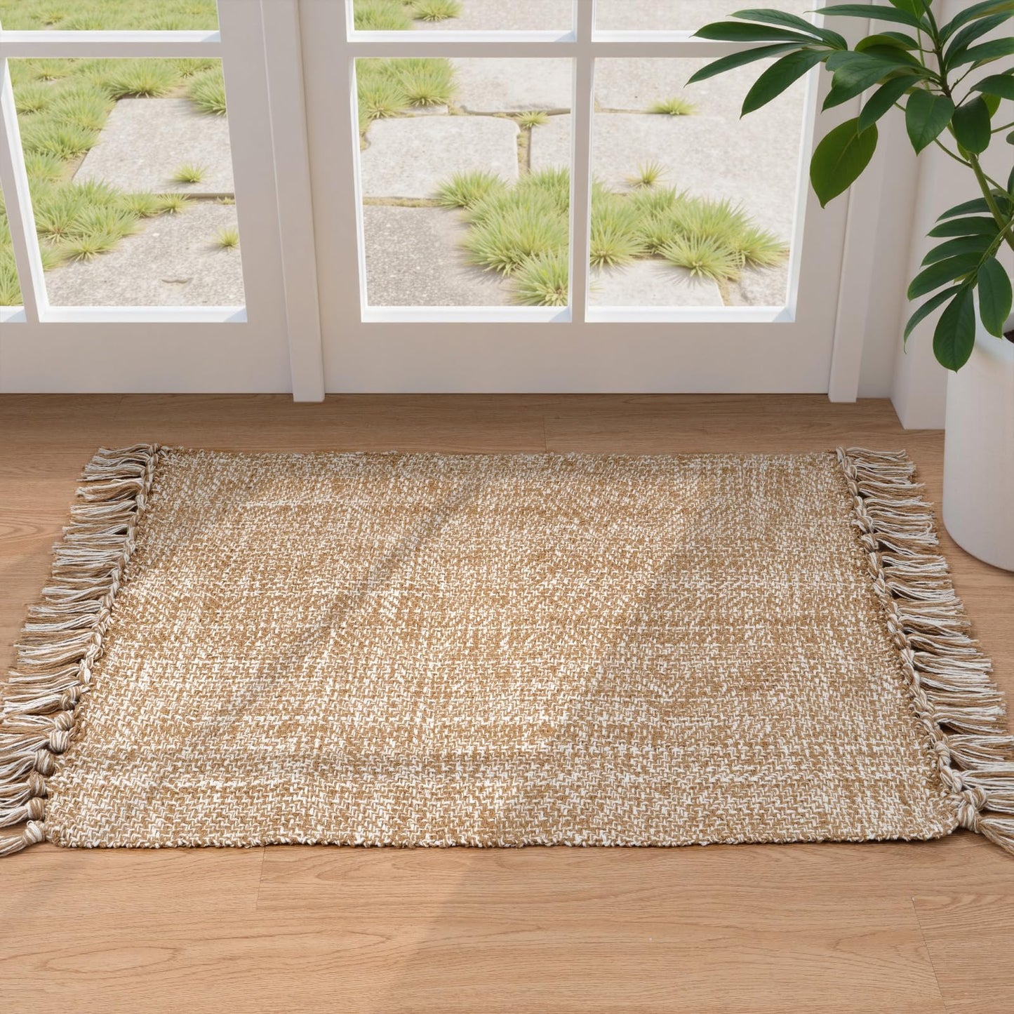 Collive Small Bathroom Rug, 2' x 3' Hand-Woven Low Profile Front Entryway Rug, Tan Cotton Reversible Washable Kitchen Mat Modern Farmhouse Carpet for Foyer Bedroom Back Door Decor