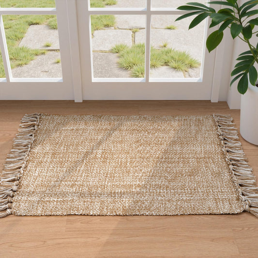 Collive Small Bathroom Rug, 2' x 3' Hand-Woven Low Profile Front Entryway Rug, Tan Cotton Reversible Washable Kitchen Mat Modern Farmhouse Carpet for Foyer Bedroom Back Door Decor