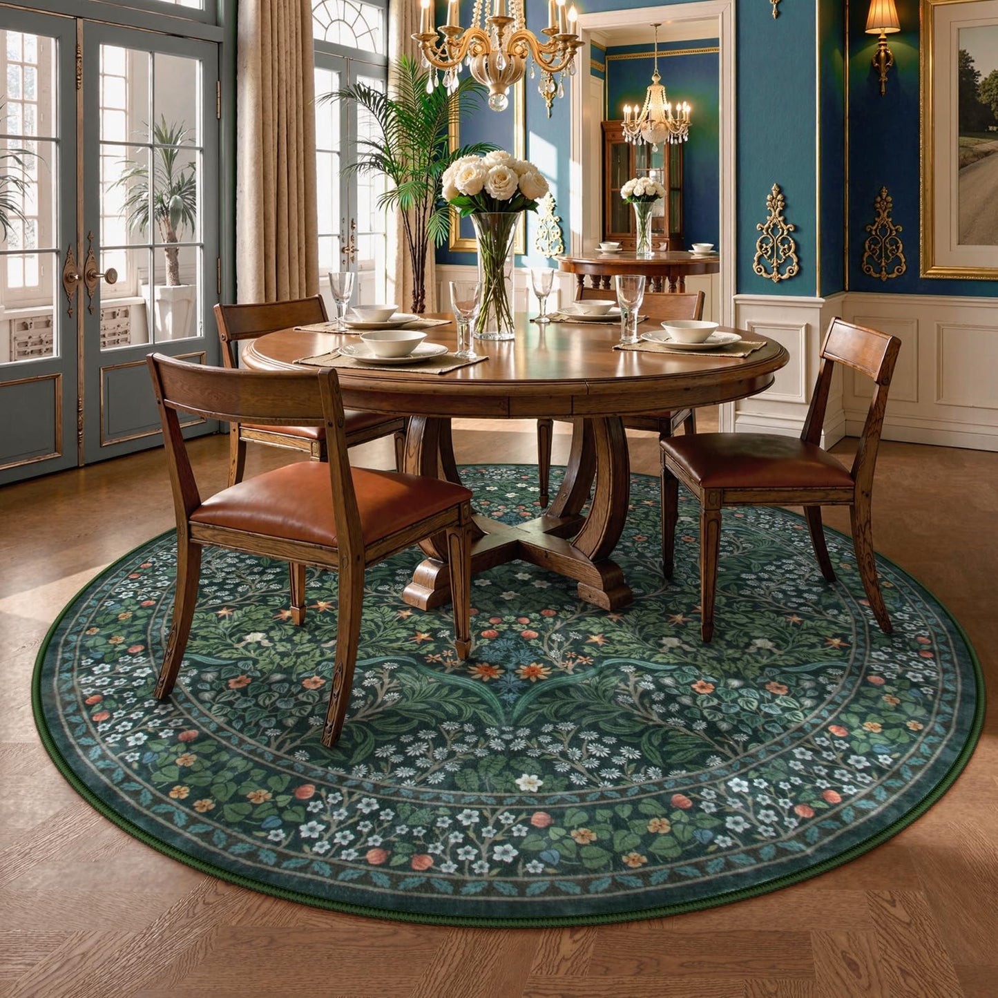 Lahome Floral Washable Round Area Rug, Soft Round Rugs 6ft Ultra-Thin Non-Slip, Boho Stain Resistant Large Circle Carpet for Bedroom Living Room Kitchen Nursery Giverny, Dark Green