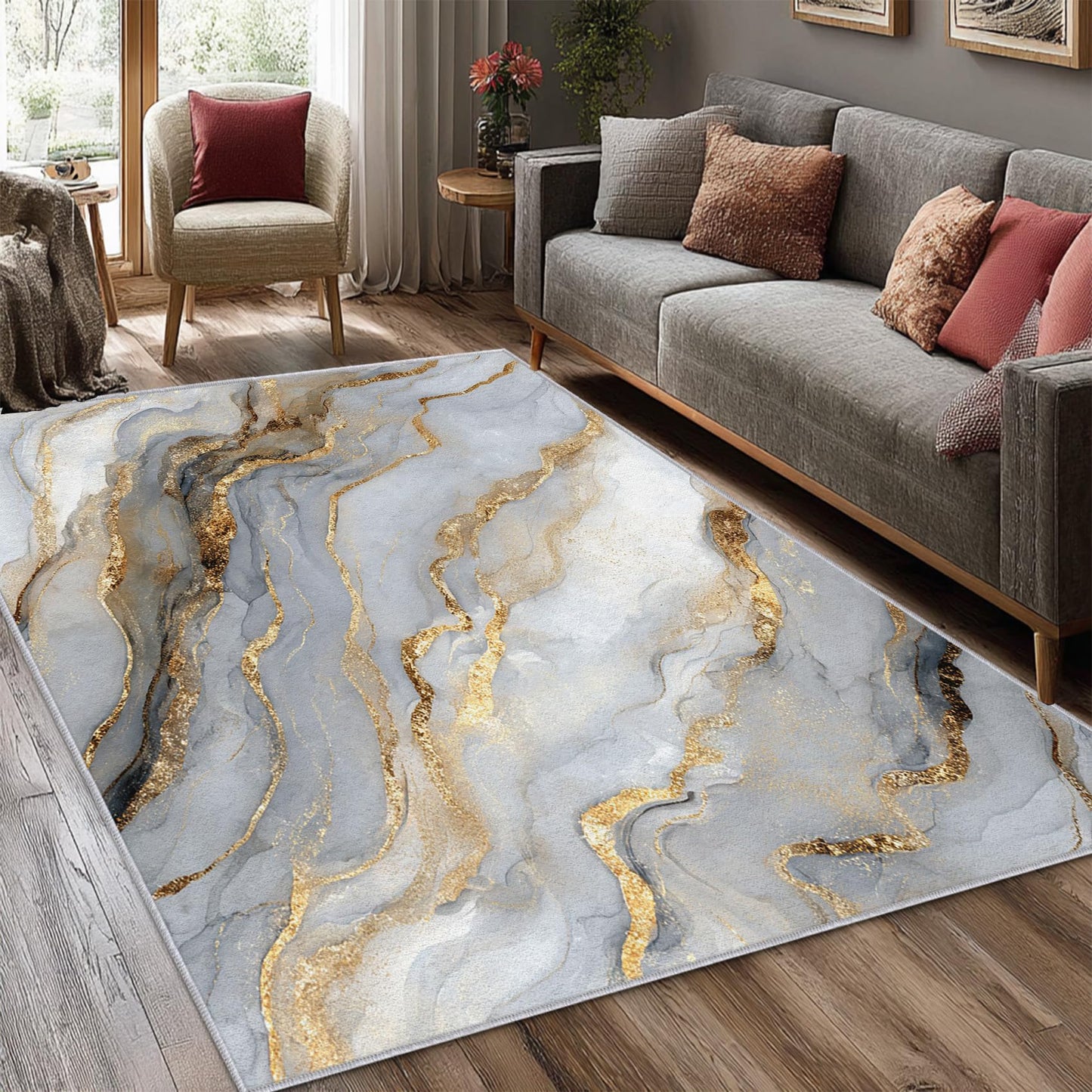 Marble Rug 3x5, Grey Gold Area Rugs for Living Room Bedroom Kitchen, Marble Home Decor Carpet, Washable, Non Slip, Soft, Low Pile