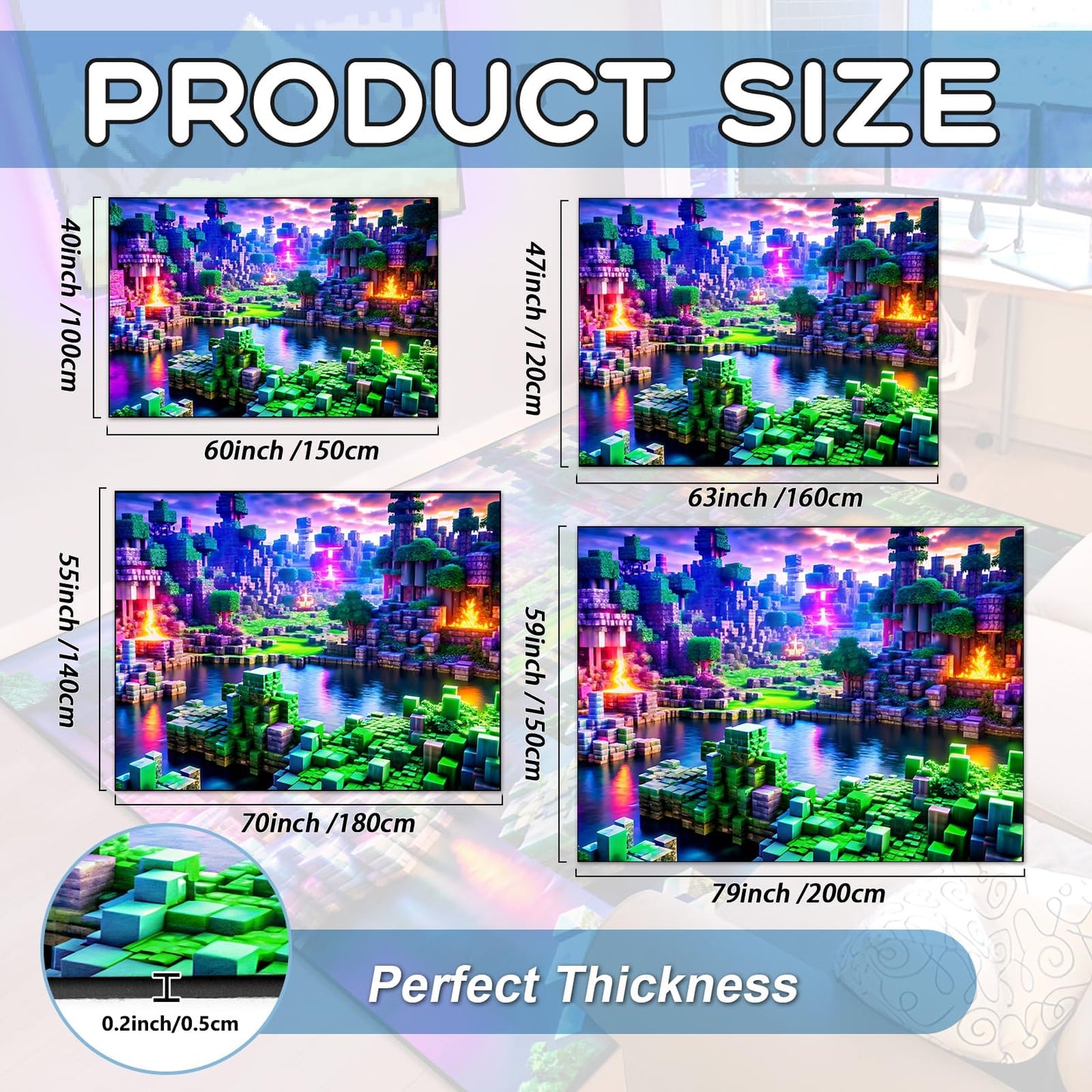 Block Game Rug Teen Kids Carpet, Pixel Games Scene Decoration Mat, Washable Cube Block Game Rugs for Boy's Bedroom Living Room Playroom, Non-Slip Children Gaming Area Rugs, Purple Field, 63" x 47"