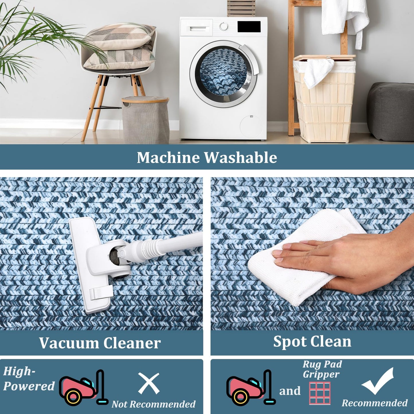 COZYLOOM 5x7 ft Area Rugs for Living Room Space, High Density Plush Carpet, Machine Washable and Non-Slip Polyester Rug, Easy Care Gabbin Weave Design(Grey Blue)