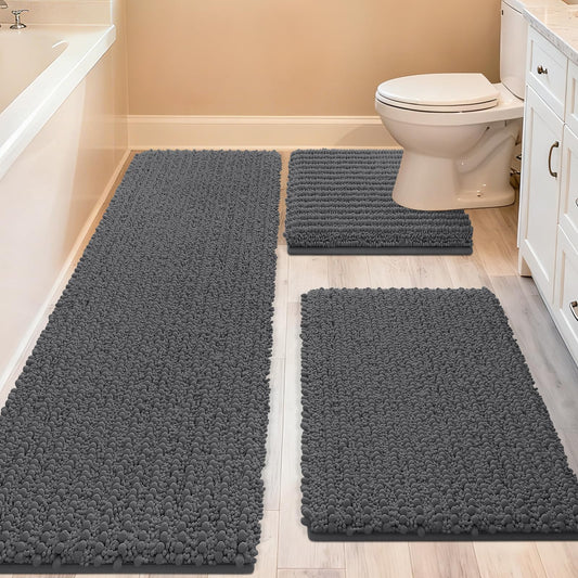 ACCUMTEK Upgrade Extra Large Grey Bathroom Rug Set 3 Pieces Gray Ultra Soft, Thick Absorbent Bath Mats, Non Slip Chenille Toilet Mat for Bathroom, Bedroom, Kitchen, Charcoal